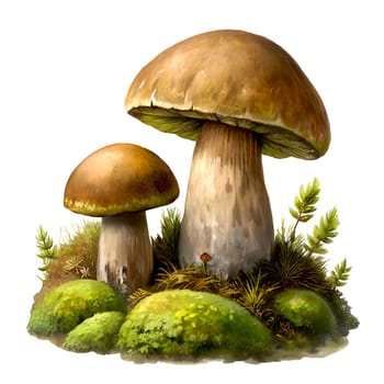 Boletus mushrooms growing from moss against a forest background close-up, watercolor drawing generated by AI illustration.