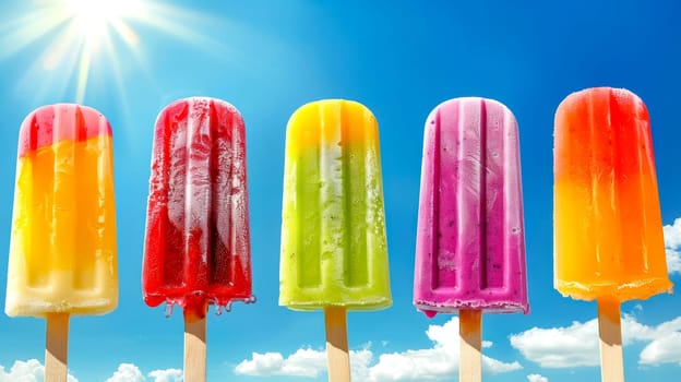 Multi-colored popsicles on a hot day against the background of a magical sky. Summer food concept.