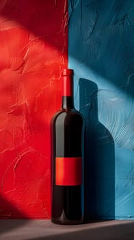 A glass bottle of red wine with a cork stopper is placed on a table against a backdrop of red and blue walls, showcasing a beautiful mix of tints and shades