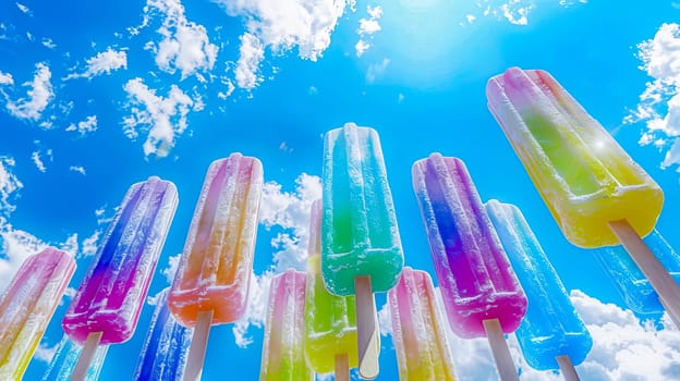 Multi-colored popsicles on a hot day against the background of a magical sky. Summer food concept.