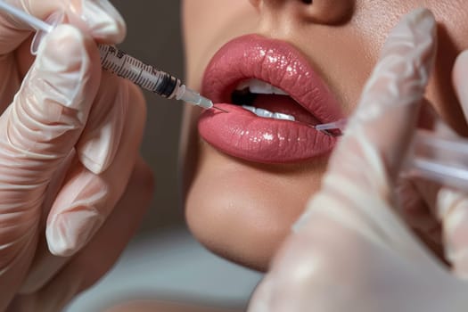 A woman is receiving a Botox injection on her lips with hyaluronic acid filler..