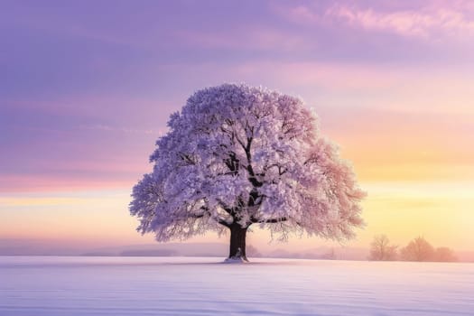 a lonely oak tree on a sunset winter with a beautiful sky background landscape. AI generated.