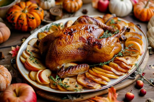 Festive Thanksgiving Table with Roasted Duck and Apples..