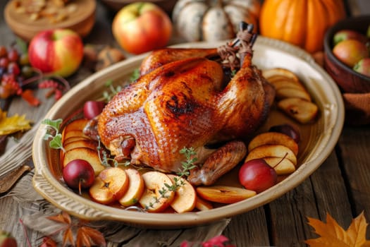 Festive Thanksgiving Table with Roasted Duck and Apples..