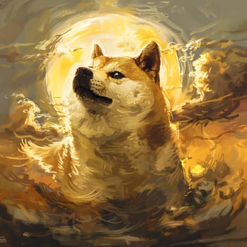 A painting of a dog, a terrestrial carnivore with whiskers and a snout, looking up at the sun. The artwork captures the beauty of this Dog breed in a reflective moment