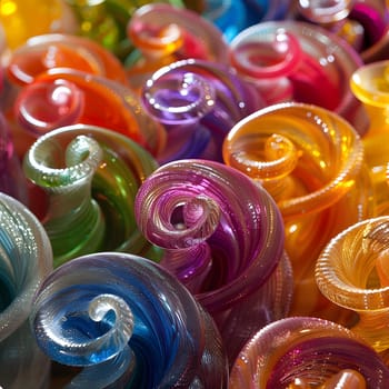 A collection of vibrant swirls in shades of Purple, Magenta, and Electric blue made from natural materials like glass and liquid, arranged in circular patterns on a table