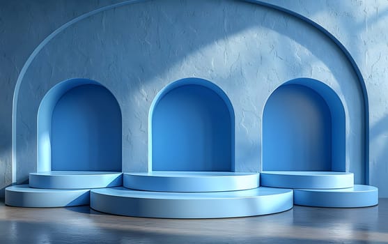 A symmetrical azure podium with electric blue arches in an artfully designed room, resembling a futuristic building with circular arcades