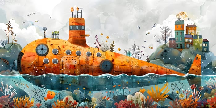An artistic submarine, painted with urban designs, floats gracefully on top of a vibrant coral reef in the ocean, creating a unique cityscape in the natural landscape
