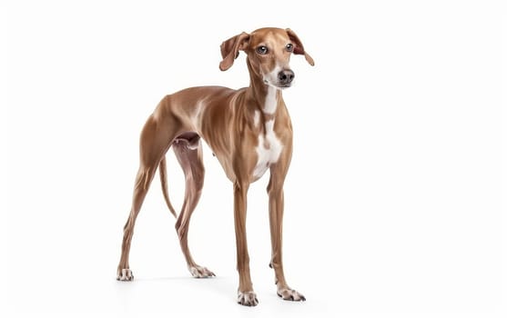 The poised stance of an Azawakh dog is highlighted in a studio setting, accentuating its tall and slender build