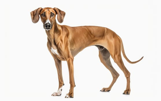 A noble Azawakh dog's dignified posture and attentive expression are featured against a pure white background