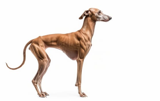 An Azawakh dog's elegance and sleek silhouette are captured in profile against a stark white background