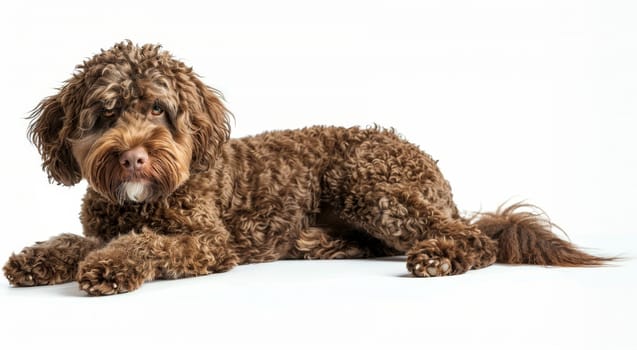 A brown Barbet dog sits attentively, its curly fur and inquisitive look captivating against the white background