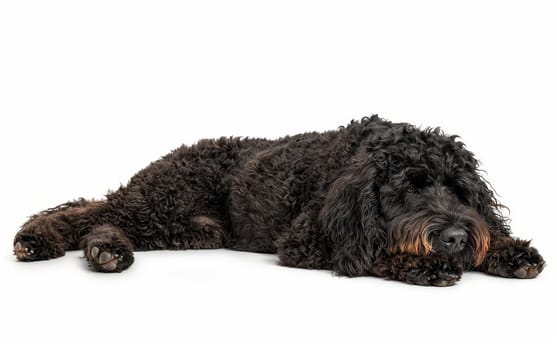 A black Barbet dog exudes relaxation, lying down with a gentle gaze, set against a white background