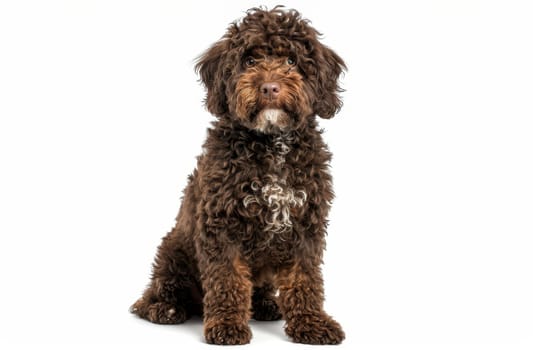 A playful Barbet puppy poses, its curly brown coat and bright eyes full of mischief against a white background
