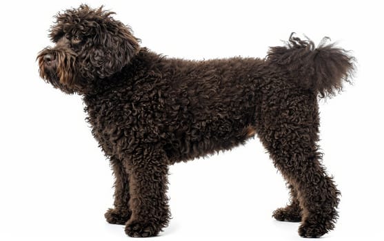 A black Barbet dog looks on attentively, showcasing its dense curly coat and intelligent eyes on white