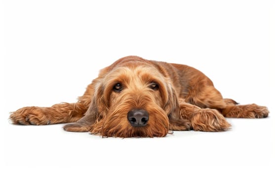 A contemplative Basset Fauve de Bretagne lies on a clean white surface, its thoughtful expression suggesting a quiet intelligence and an endearing personality. Dog's relaxed posture invites affection