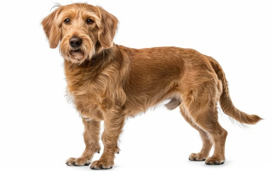 A confident Basset Fauve de Bretagne stands alert, its golden coat shining against the white background, showcasing the breed's robust build and attentive nature. The dog's gaze reflects intelligence