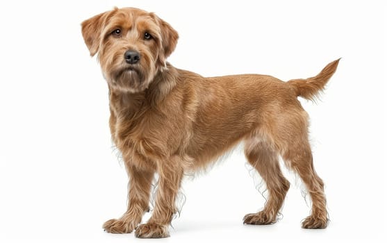 A Basset Fauve de Bretagne captured in profile, its inquisitive eyes and perked ears suggesting a keen interest in its surroundings. The golden coat of the dog gleams on the clear background