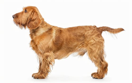 A noble Basset Fauve de Bretagne stands in profile, its focused demeanor and lush golden coat epitomizing the breed's grace and elegance on a white backdrop