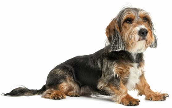 A serene Basset Griffon Vendeen sits calmly, its soft gaze and poised demeanor against a white background reflecting a gentle temperament. The dog's lush, golden fur is beautifully groomed