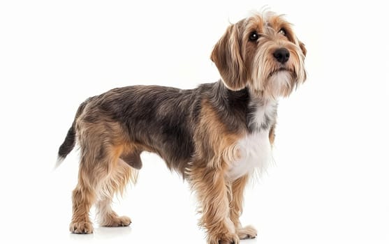 This black and tan Basset Griffon Vendeen's wiry coat and noble stance exude confidence. The dog's attentive expression suggests intelligence and curiosity