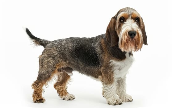 A majestic Basset Griffon Vendeen stands with a glossy coat, its expression dignified. The contrast of its dark and light fur highlights its robust build