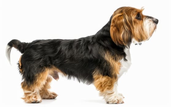 This portrait of a black Basset Griffon Vendeen captures its thoughtful expression. Its lush coat and attentive ears are truly striking