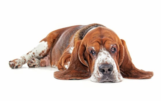 Seated attentively, this watchful Basset Hound's sharp gaze and tricolor coat stand out on the pristine white background.