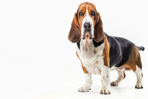 A profile view of a Basset Hound showcases its majestic profile and sturdy build. The dog's thoughtful expression and rich coat texture are beautifully illuminated