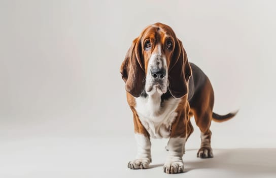 The inquisitive look of a Basset Hound against a minimalist background highlights its curious nature. The dog's keen eyes and characteristic features are in sharp focus