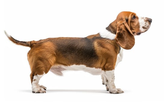 This Basset Hound's side pose displays its graceful elongated body and distinctive floppy ears. The dog's relaxed posture and soulful eyes are particularly endearing