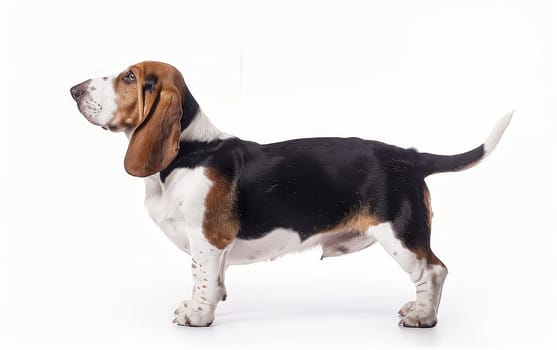 A serene Basset Hound stands gracefully, showcasing its well-proportioned body and classic breed features against a white studio backdrop