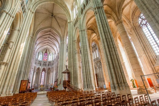 MEAUX, FRANCE, APRIL 18, 2023 :  interiors and architectural details of the Saint Etienne cathedral in Meaux, France