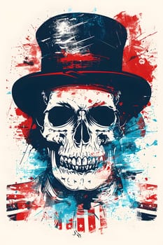 A vibrant painting featuring a skull with a jawbone wearing a stylish top hat and eyewear. The intricate sleeve and bone details add to the artistic flair of the piece