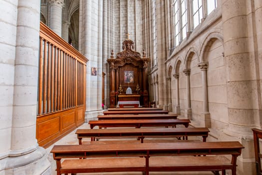 MEAUX, FRANCE, APRIL 18, 2023 :  interiors and architectural details of the Saint Etienne cathedral in Meaux, France