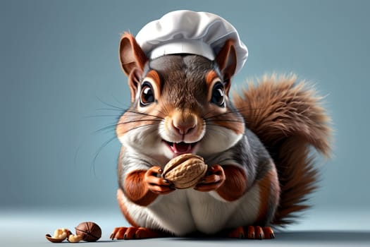 squirrel in a chef's hat cleaning nuts, isolated on a blue background .