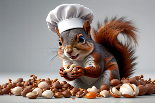 squirrel in a chef's hat cleaning nuts, isolated on a blue background .