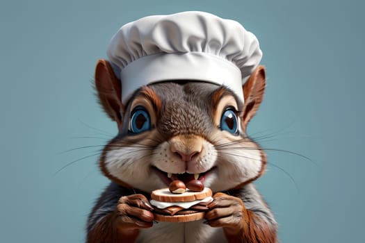 squirrel in chef's hat with sandwich and nut spread, isolated on blue background .