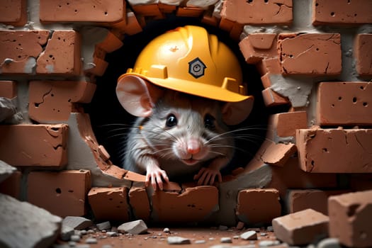 a mouse in a construction helmet looks out of a hole against the background of a brick wall .