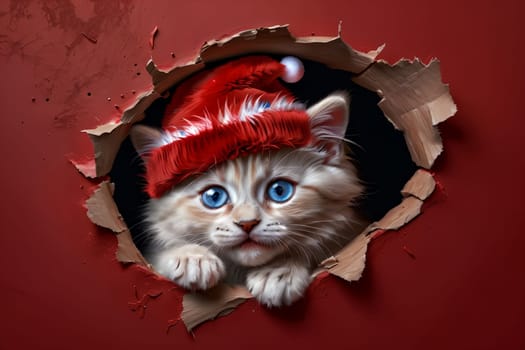 Cute kitten in a New Year's hat peeks out of a hole, isolated on a red background. New Year card .