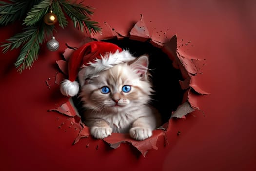 Cute kitten in a New Year's hat peeks out of a hole, isolated on a red background. New Year card .