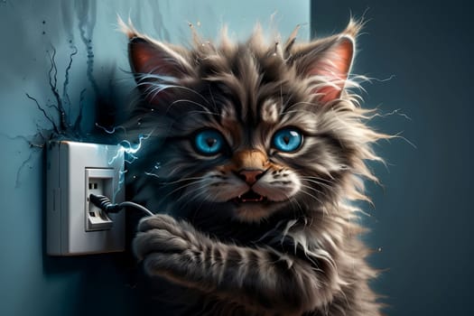 a frightened cat stands near the switch with electricity, short circuit in electricity .