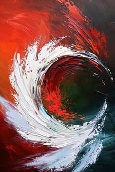 A red and green color vortex dominates the scene, with dynamic brushstrokes creating a sense of swirling motion. The artwork evokes the power and passion of natural forces.