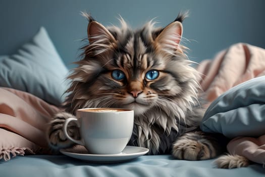 cute cat in bed in the morning, prepared fresh morning coffee.