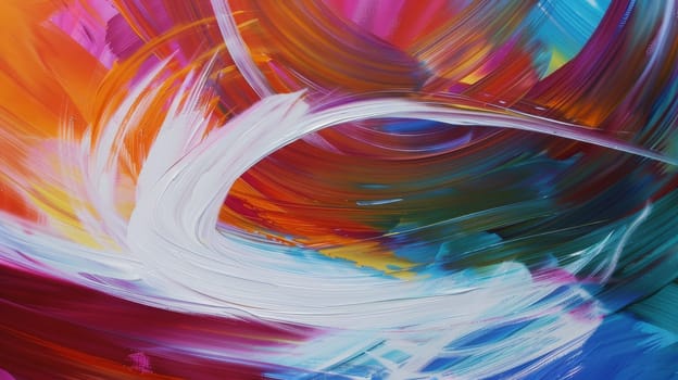 This image captures a dynamic swirl of vibrant colors, conveying motion and energy. The bold strokes and bright palette create an abstract visual feast that stimulates the imagination.