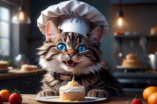 professional cat pastry chef prepares sweet pastries and cakes .