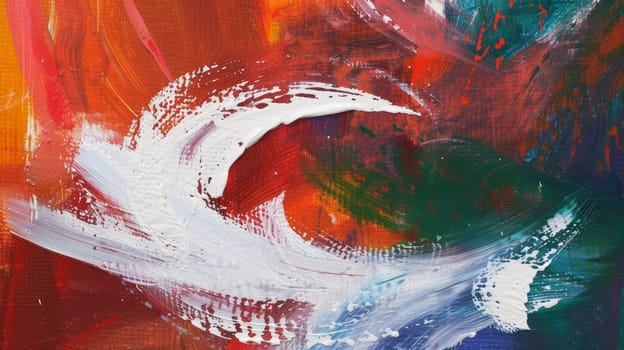 Crimson and white strokes spiral in this abstract painting, exuding a fiery energy against a dark backdrop. It a passionate dance of color and form.