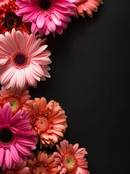 A delicate arrangement of pink and red gerbera flowers elegantly borders the dark background, creating a stunning contrast. The image speaks of sophistication and natural beauty.