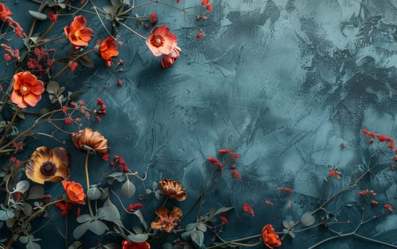 Warm autumn flowers and foliage create an elegant composition against a textured blue backdrop, evoking a cozy, seasonal atmosphere.