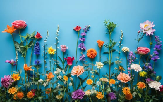 A diverse array of colorful flowers stands tall against a vivid blue backdrop, creating a striking visual spectrum that celebrates the diversity of nature.